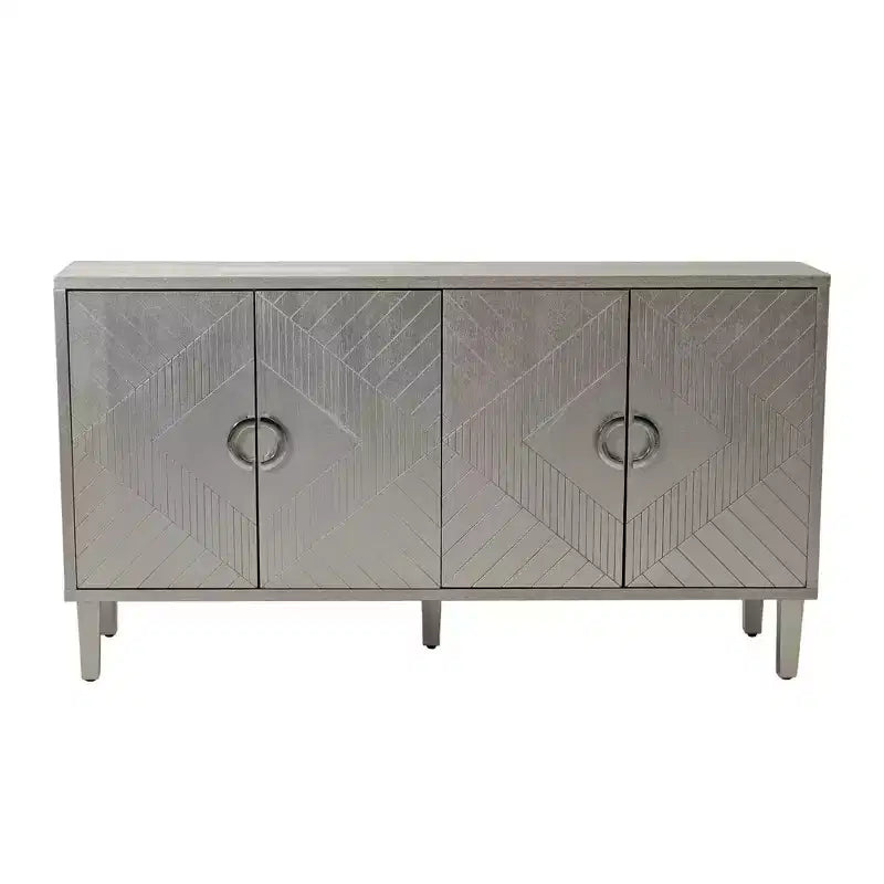 Credenza con 4 Ante Linee Intagliate, Gambe in Pino, Maniglie Semicircolari in Lega di Zinco, Consolle Buffet per Soggiorno