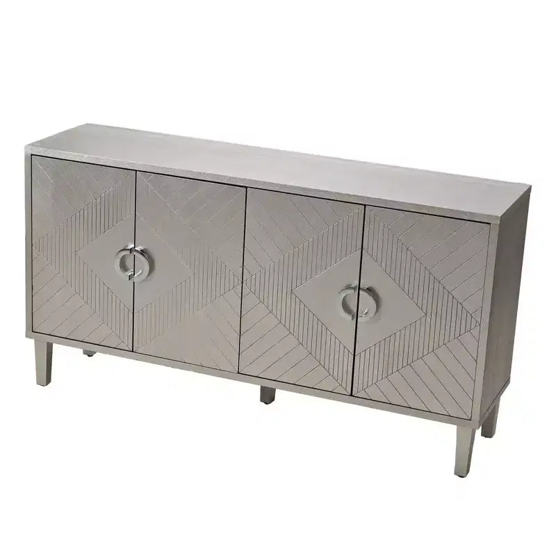 Credenza con 4 Ante Linee Intagliate, Gambe in Pino, Maniglie Semicircolari in Lega di Zinco, Consolle Buffet per Soggiorno