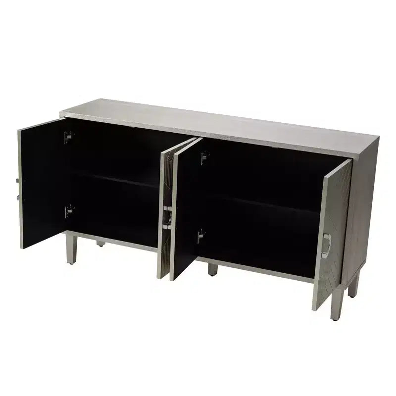 Credenza con 4 Ante Linee Intagliate, Gambe in Pino, Maniglie Semicircolari in Lega di Zinco, Consolle Buffet per Soggiorno
