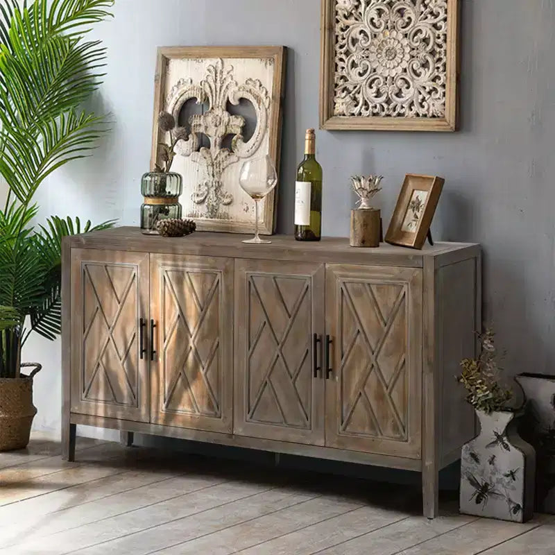Credenza moderna da fattoria a 4 ante, mobile contenitore con motivo geometrico e ripiani regolabili da 60 pollici - Panipeachy