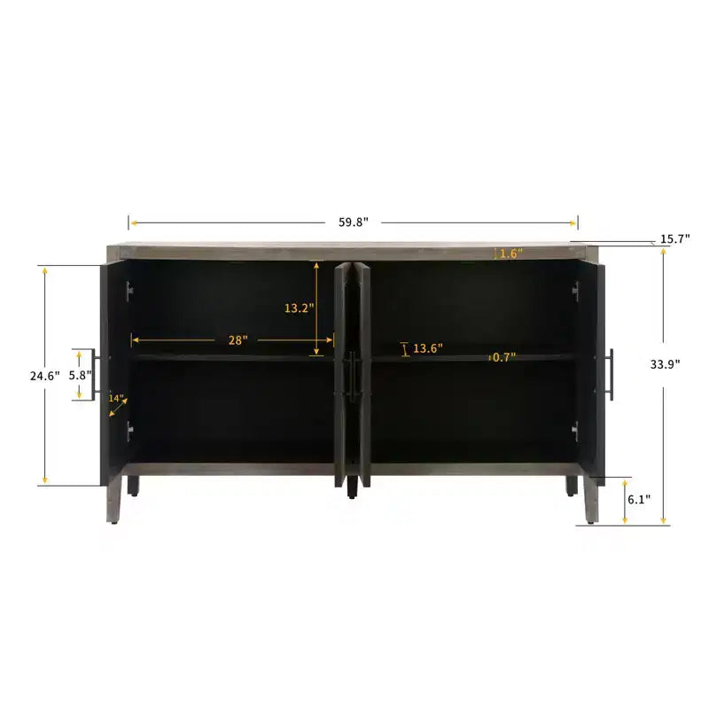 Credenza moderna da fattoria a 4 ante, mobile contenitore con motivo geometrico e ripiani regolabili da 60 pollici - Panipeachy
