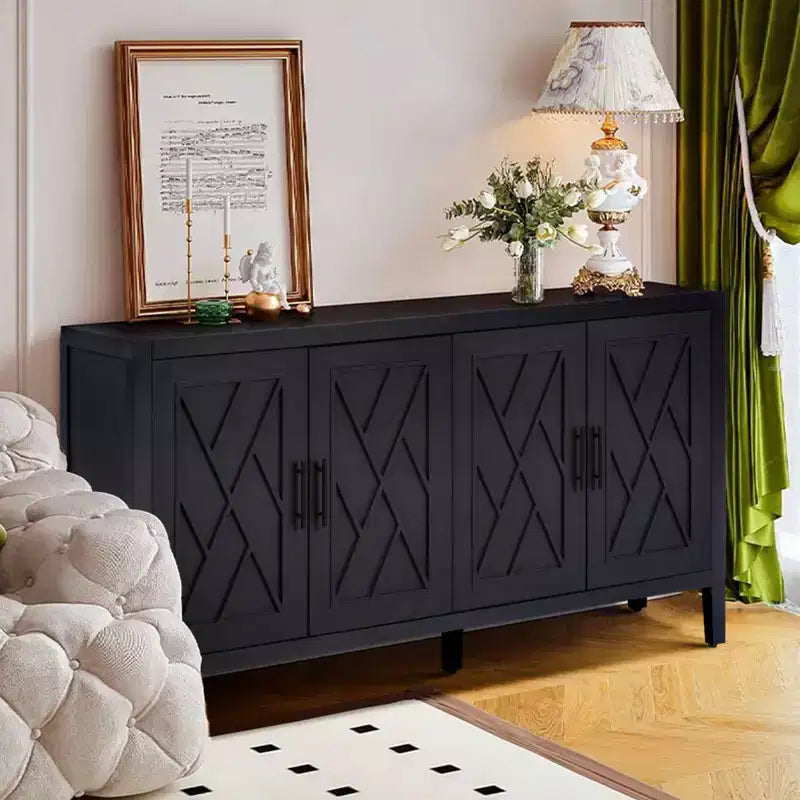 Credenza moderna da fattoria a 4 ante, mobile contenitore con motivo geometrico e ripiani regolabili da 60 pollici - Panipeachy