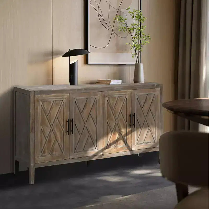 Credenza moderna da fattoria a 4 ante, mobile contenitore con motivo geometrico e ripiani regolabili da 60 pollici - Panipeachy