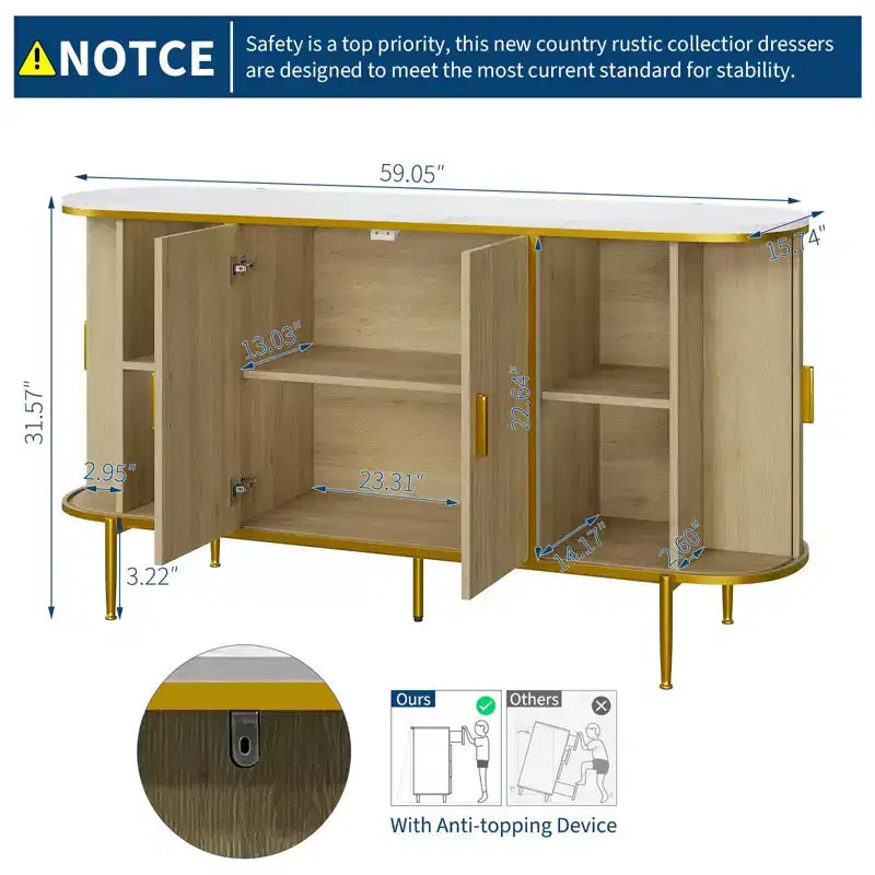 Credenza Buffet con Mobile Contenitore, Mobile Console Scanalato con Piano Effetto Marmo, Mobili Mid-Century per Cucina, Soggiorno, Ingresso
