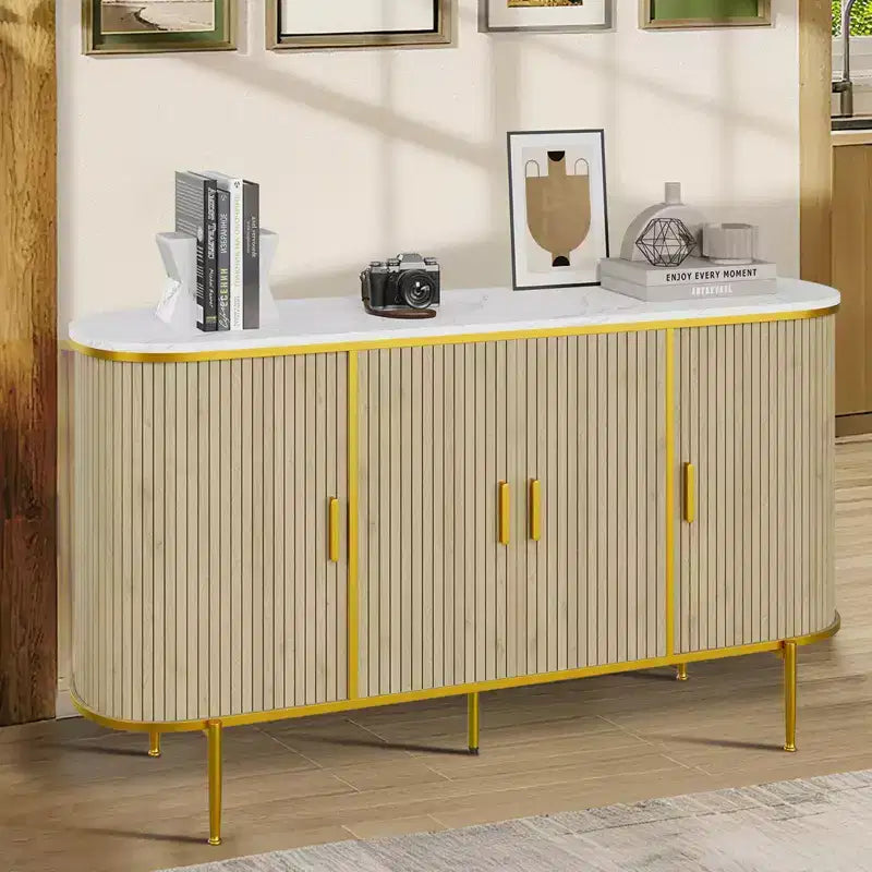 Credenza Buffet con Mobile Contenitore, Mobile Console Scanalato con Piano Effetto Marmo, Mobili Mid-Century per Cucina, Soggiorno, Ingresso