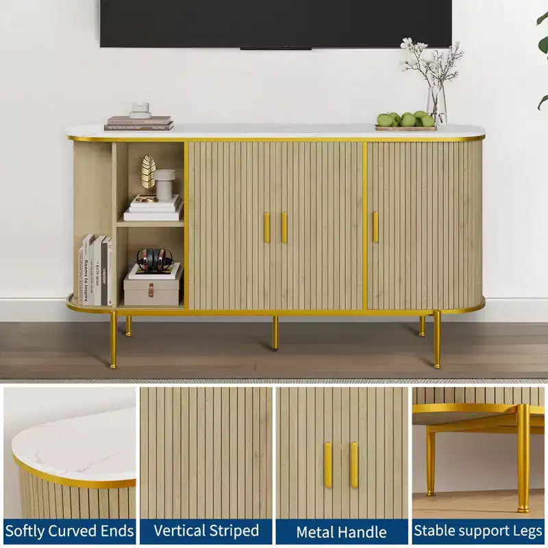 Credenza Buffet con Mobile Contenitore, Mobile Console Scanalato con Piano Effetto Marmo, Mobili Mid-Century per Cucina, Soggiorno, Ingresso