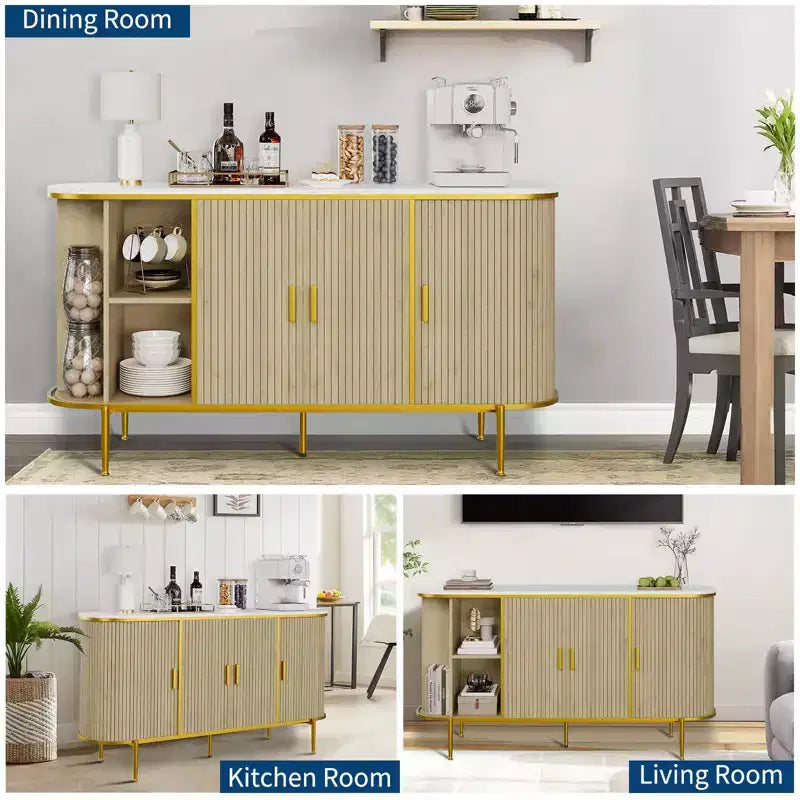 Credenza Buffet con Mobile Contenitore, Mobile Console Scanalato con Piano Effetto Marmo, Mobili Mid-Century per Cucina, Soggiorno, Ingresso