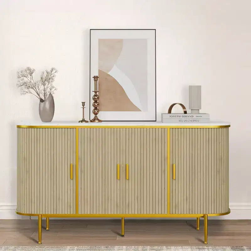 Credenza Buffet con Mobile Contenitore, Mobile Console Scanalato con Piano Effetto Marmo, Mobili Mid-Century per Cucina, Soggiorno, Ingresso