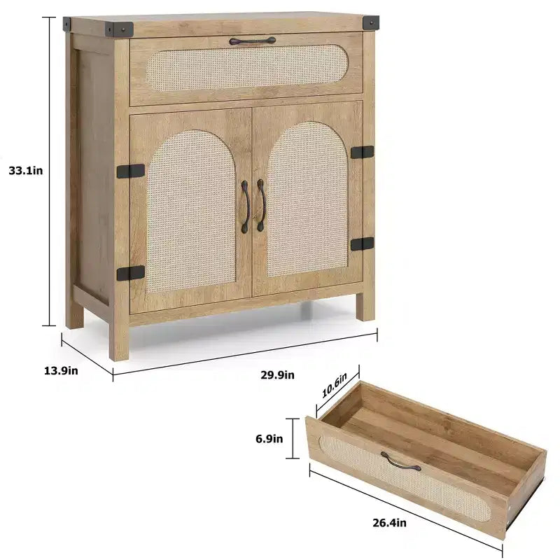 Madia a buffet in rattan da fattoria con cassetto - Mobiletto portaoggetti in legno boho e carrello da caffè per cucina, sala da pranzo e corridoio del soggiorno