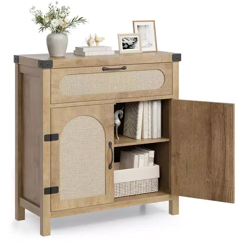 Madia a buffet in rattan da fattoria con cassetto - Mobiletto portaoggetti in legno boho e carrello da caffè per cucina, sala da pranzo e corridoio del soggiorno