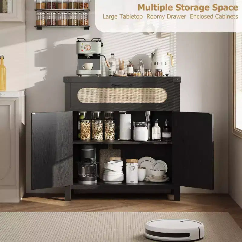 Madia a buffet in rattan da fattoria con cassetto - Mobiletto portaoggetti in legno boho e carrello da caffè per cucina, sala da pranzo e corridoio del soggiorno