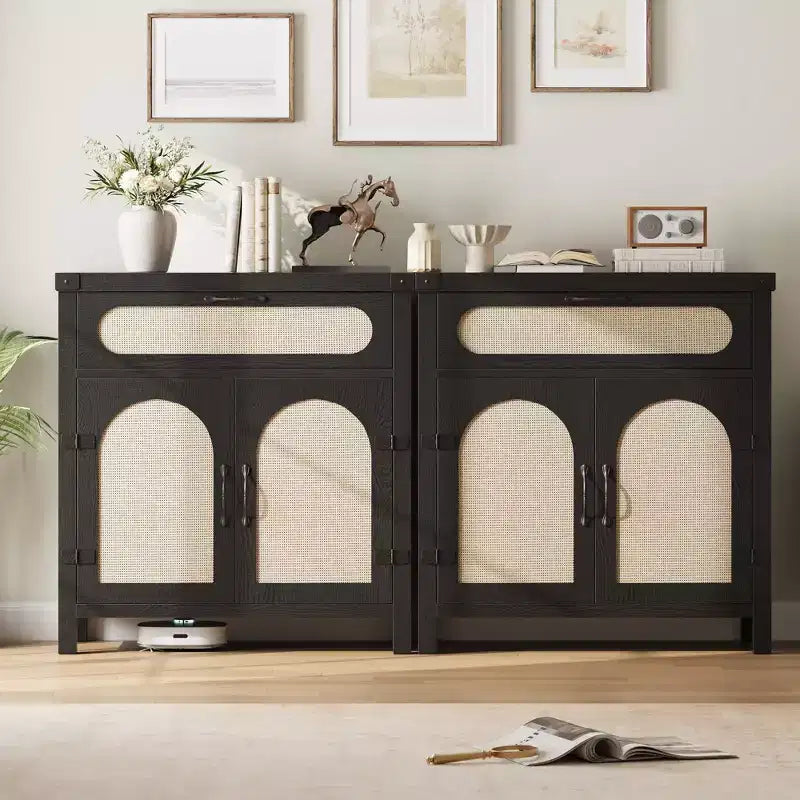 Madia a buffet in rattan da fattoria con cassetto - Mobiletto portaoggetti in legno boho e carrello da caffè per cucina, sala da pranzo e corridoio del soggiorno