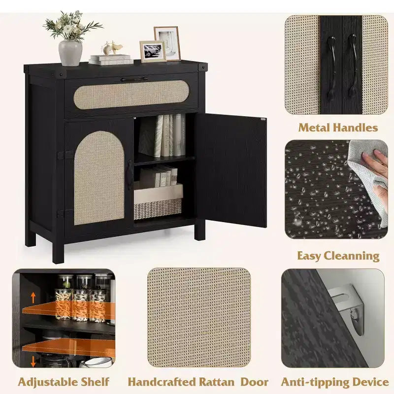 Madia a buffet in rattan da fattoria con cassetto - Mobiletto portaoggetti in legno boho e carrello da caffè per cucina, sala da pranzo e corridoio del soggiorno