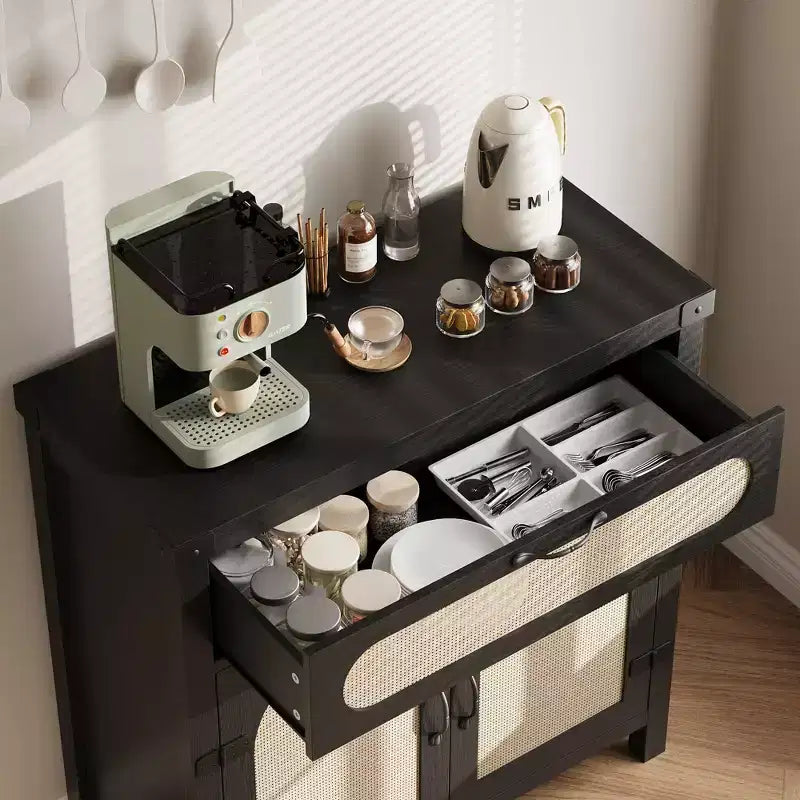 Madia a buffet in rattan da fattoria con cassetto - Mobiletto portaoggetti in legno boho e carrello da caffè per cucina, sala da pranzo e corridoio del soggiorno