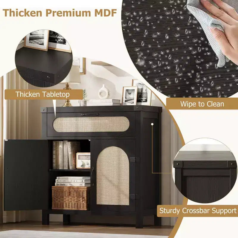 Madia a buffet in rattan da fattoria con cassetto - Mobiletto portaoggetti in legno boho e carrello da caffè per cucina, sala da pranzo e corridoio del soggiorno
