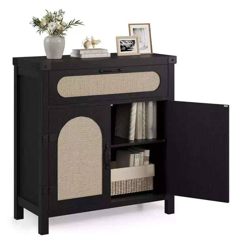 Madia a buffet in rattan da fattoria con cassetto - Mobiletto portaoggetti in legno boho e carrello da caffè per cucina, sala da pranzo e corridoio del soggiorno
