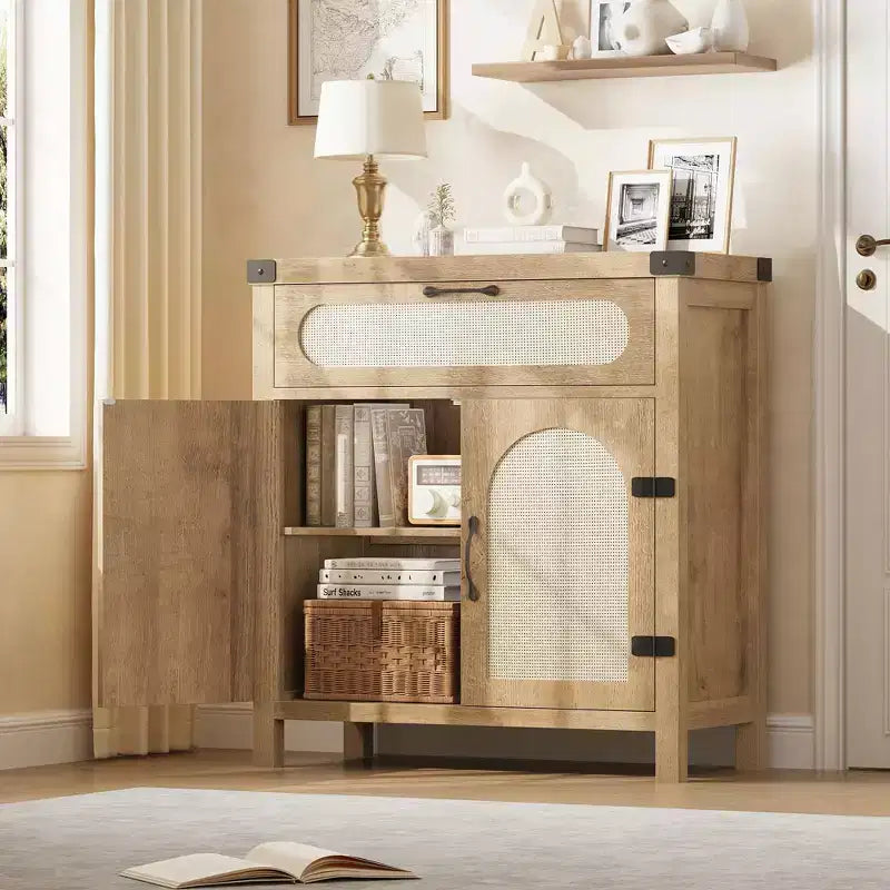 Madia a buffet in rattan da fattoria con cassetto - Mobiletto portaoggetti in legno boho e carrello da caffè per cucina, sala da pranzo e corridoio del soggiorno