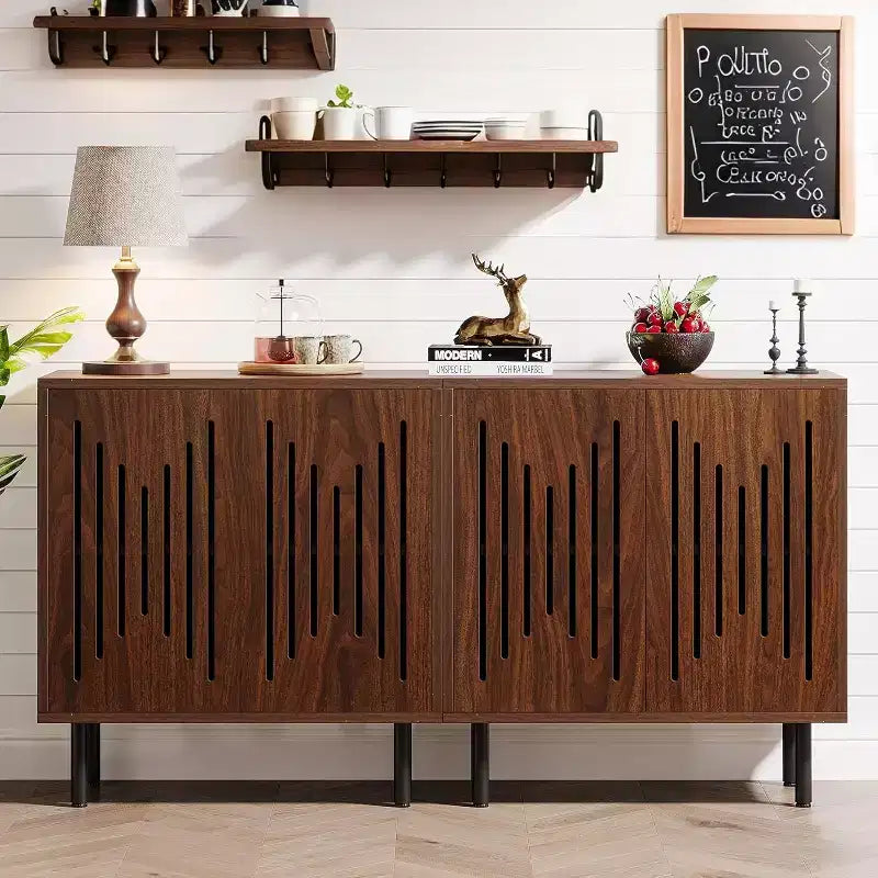 Mobiletto contenitore vintage Lantine set da 2, credenza/buffet da 150 cm in noce stile rustico con ante, ripiani regolabili, ideale per cucina, corridoio.