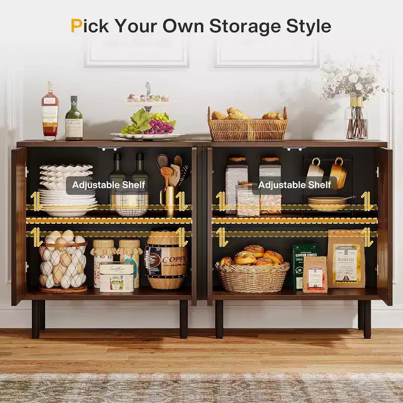 Mobiletto contenitore vintage Lantine set da 2, credenza/buffet da 150 cm in noce stile rustico con ante, ripiani regolabili, ideale per cucina, corridoio.