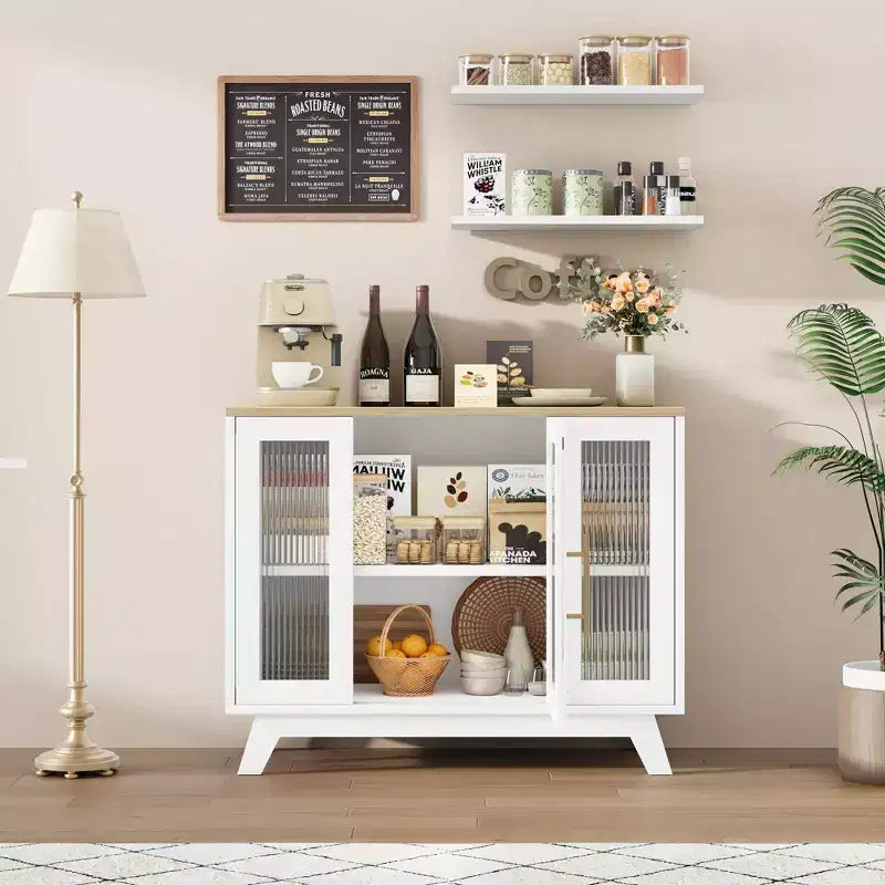 GustoWave Credenza Buffet con Anta in Vetro Scanalato, Mobile Contenitore Moderno da 91 cm con 2 Ripiani
