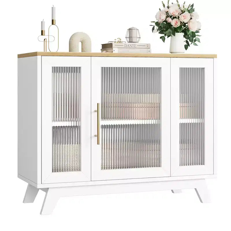 GustoWave Credenza Buffet con Anta in Vetro Scanalato, Mobile Contenitore Moderno da 91 cm con 2 Ripiani
