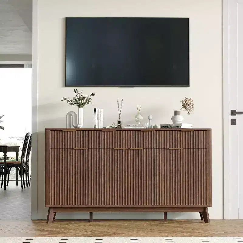 Buffet de salle à manger style ferme 60" avec tiroirs de rangement et étagères réglables, buffet en bois cannelé et bar à café pour bureau à domicile