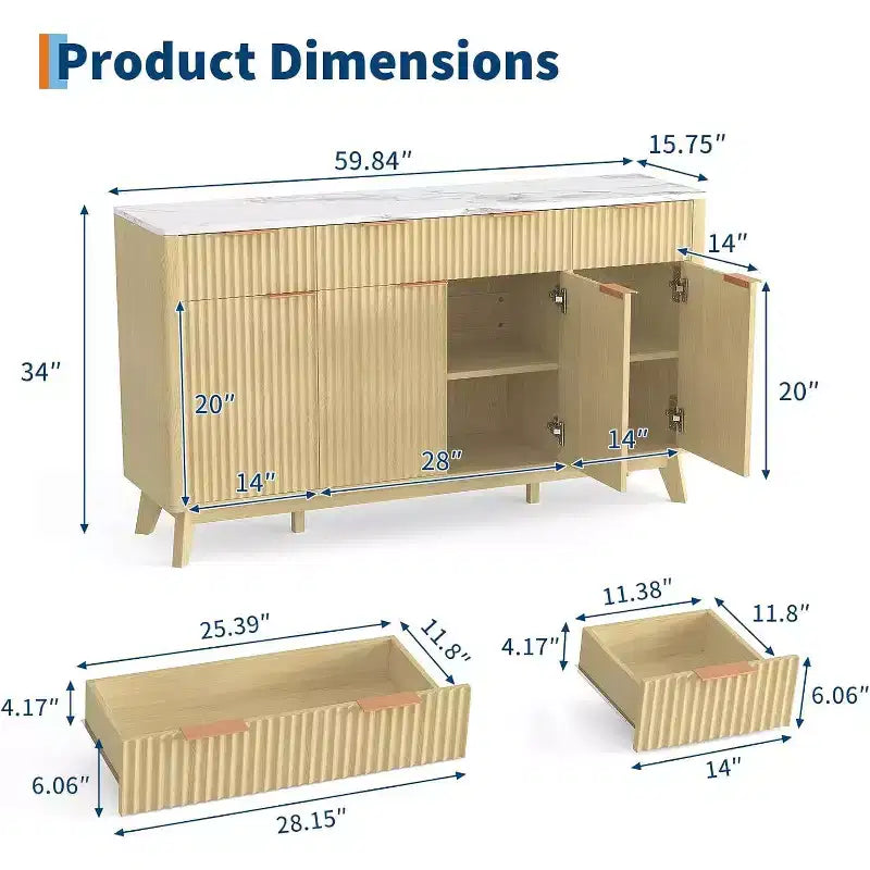 Buffet de salle à manger style ferme 60" avec tiroirs de rangement et étagères réglables, buffet en bois cannelé et bar à café pour bureau à domicile