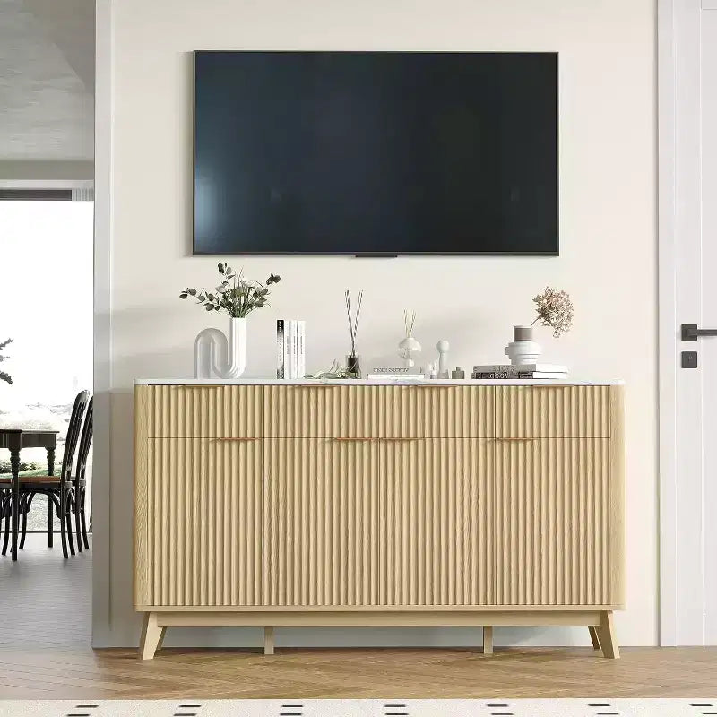 Buffet de salle à manger style ferme 60" avec tiroirs de rangement et étagères réglables, buffet en bois cannelé et bar à café pour bureau à domicile