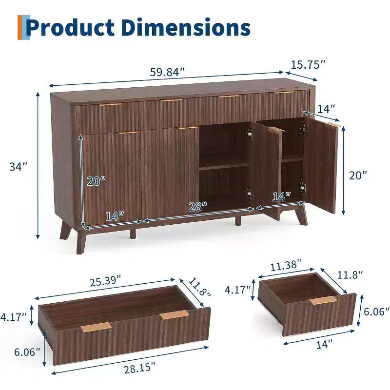 Buffet de salle à manger style ferme 60" avec tiroirs de rangement et étagères réglables, buffet en bois cannelé et bar à café pour bureau à domicile