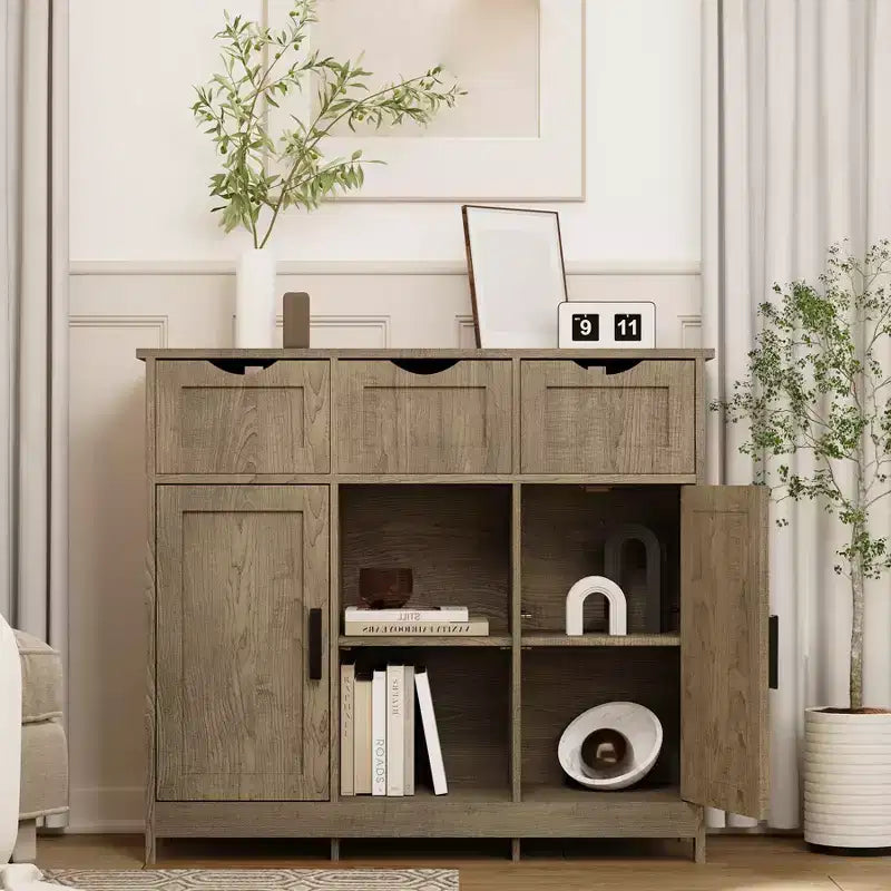 35 Sideboard Buffet Cabinet, Wooden Coffee Bar Cabinet with 3 Drawers, Accent Entryway Console Table