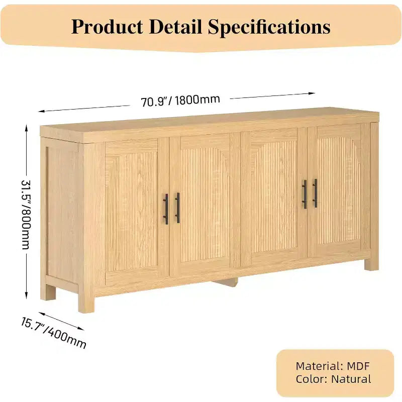 Madia Credenza a 4 Ante da 71 pollici, Mobile Contenitore Scanalato con Gestione Cavi e Ripiani Regolabili, Tavolo Buffet per Cucina