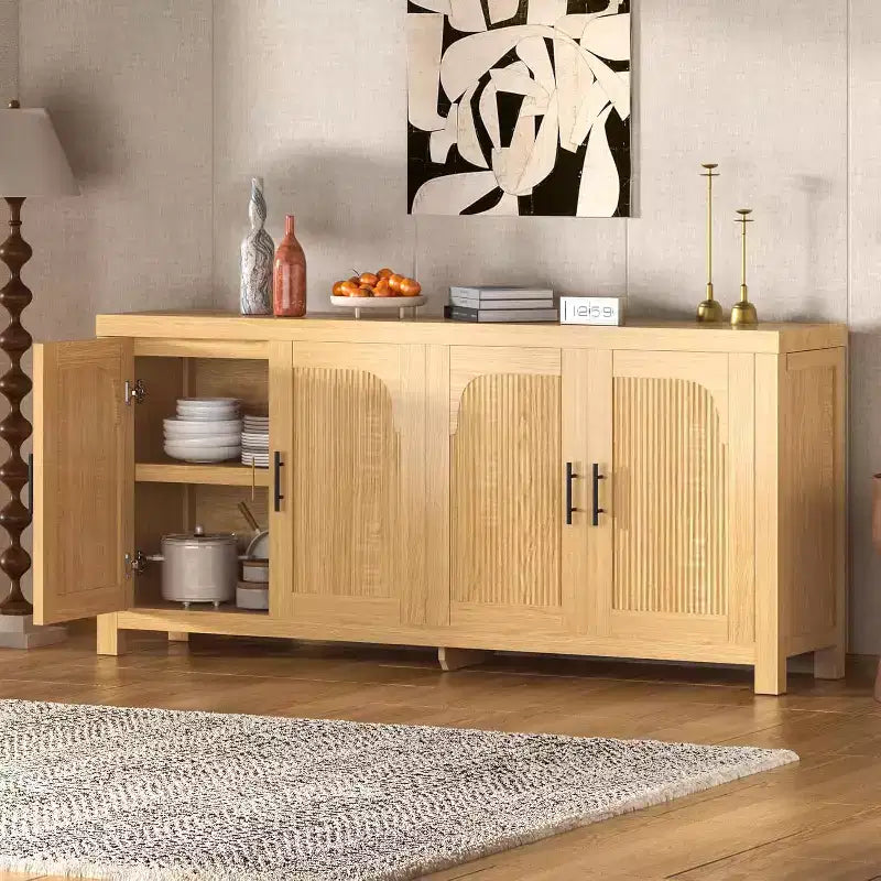 Madia Credenza a 4 Ante da 71 pollici, Mobile Contenitore Scanalato con Gestione Cavi e Ripiani Regolabili, Tavolo Buffet per Cucina