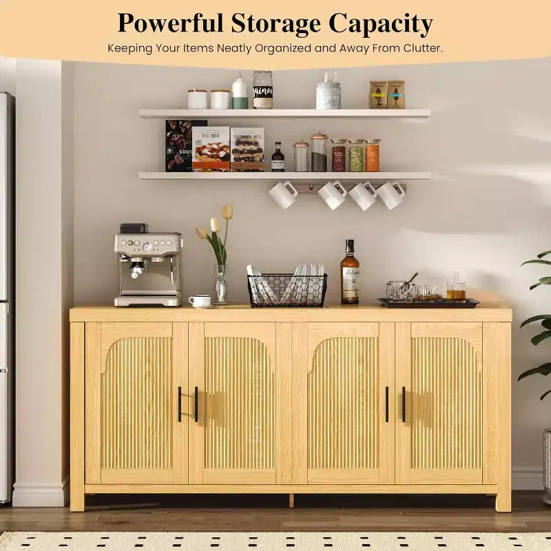 Madia Credenza a 4 Ante da 71 pollici, Mobile Contenitore Scanalato con Gestione Cavi e Ripiani Regolabili, Tavolo Buffet per Cucina