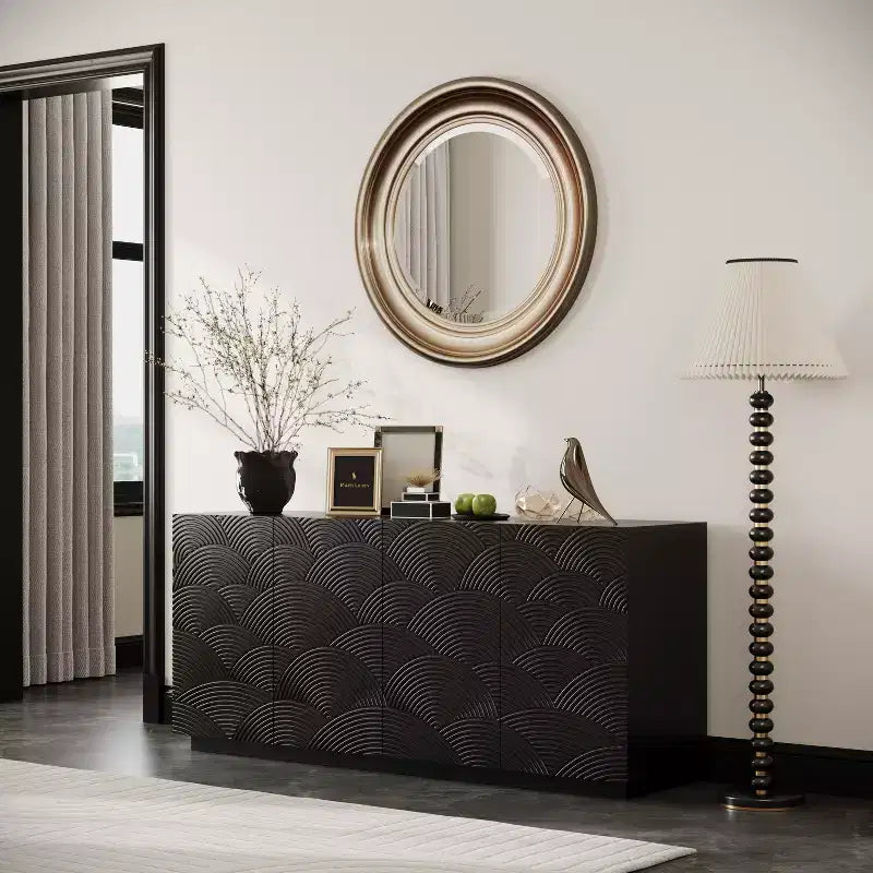 JVNOXK Credenza Moderna a Quattro Ante da 59 Pollici, Mobile Contenitore Rettangolare con Dispositivo Antiribaltamento Indipendente, Adatto per Cucine, Nero