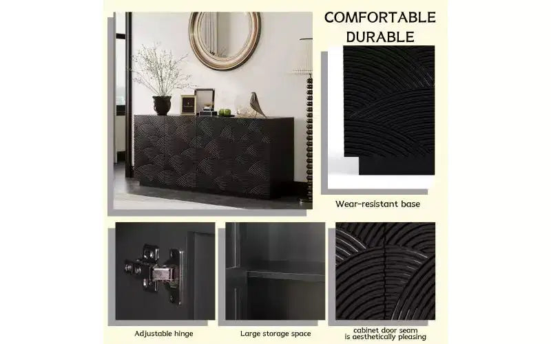 JVNOXK Credenza Moderna a Quattro Ante da 59 Pollici, Mobile Contenitore Rettangolare con Dispositivo Antiribaltamento Indipendente, Adatto per Cucine, Nero