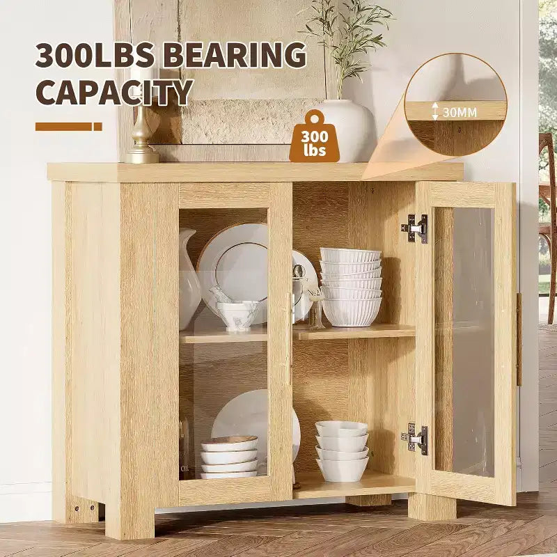 Credenza da cucina a buffet da 33''/59 con ante in vetro temperato - Madia in legno per sala da pranzo e soggiorno