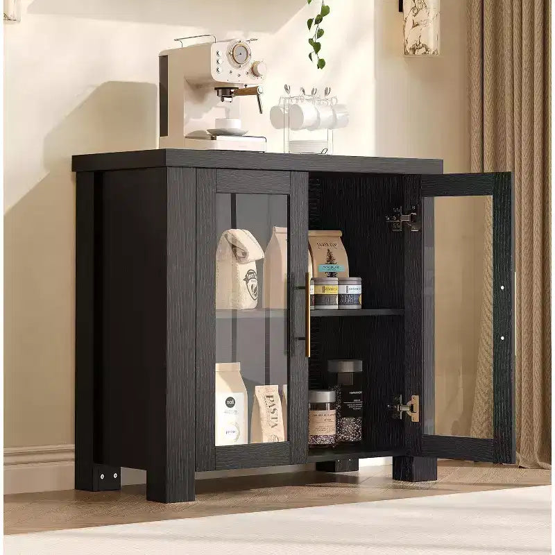 Credenza da cucina a buffet da 33''/59 con ante in vetro temperato - Madia in legno per sala da pranzo e soggiorno