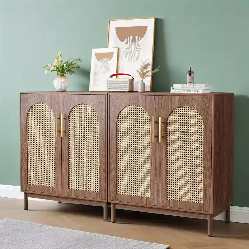 Set di 2 Madie Credenze, Mobile Contenitore Accent in Rattan con AnteBrwo
