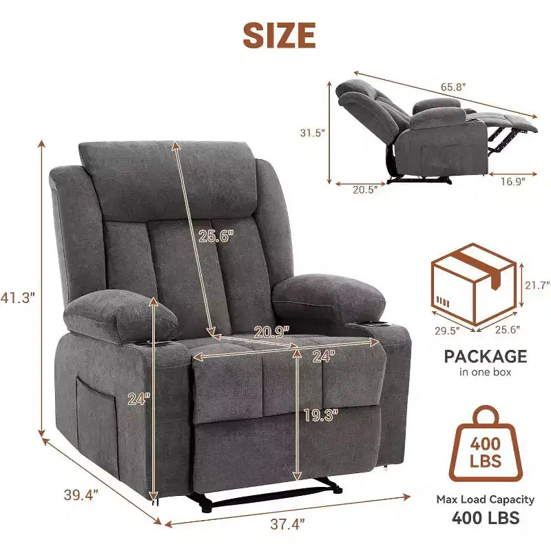 Poltrona Reclinabile Massaggiante Oversize con Calore e Vibrazione, Ampia Poltrona Reclinabile a Dondolo con Tasche Laterali per Soggiorno, Camera da Letto, Home Theater