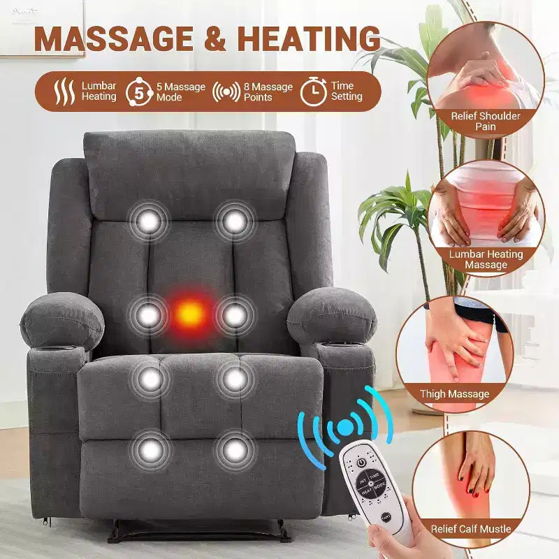 Poltrona Reclinabile Massaggiante Oversize con Calore e Vibrazione, Ampia Poltrona Reclinabile a Dondolo con Tasche Laterali per Soggiorno, Camera da Letto, Home Theater