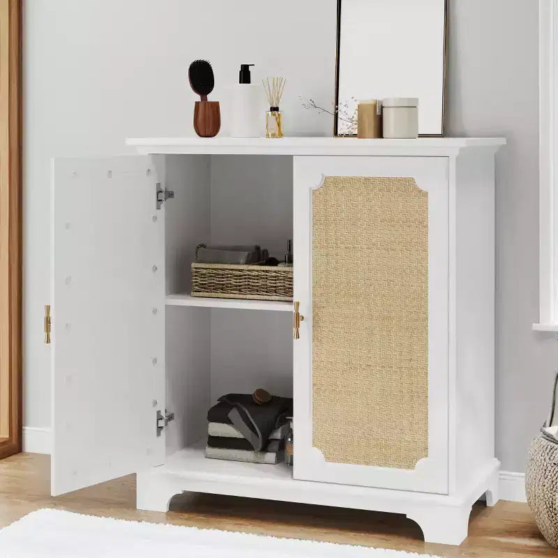 Madia Buffet Credenza da 31", Mobile Bar da Caffè in Legno con Ante in Rattan, Tavolo Consolle da Ingresso, Mobile Contenitore a Terra