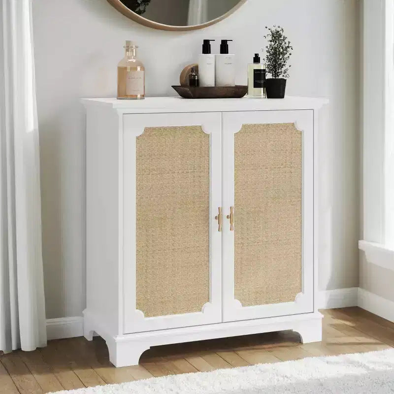 Madia Buffet Credenza da 31", Mobile Bar da Caffè in Legno con Ante in Rattan, Tavolo Consolle da Ingresso, Mobile Contenitore a Terra