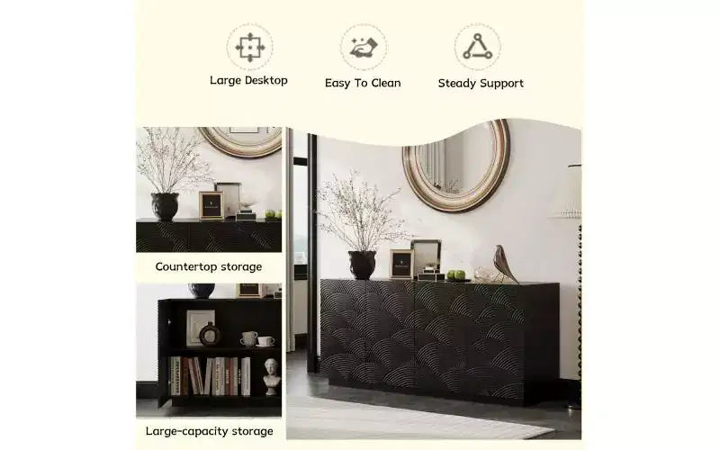 JVNOXK Credenza a incasso grande in stile moderno da 56 pollici con spazio di archiviazione, ripiani regolabili, può fungere da mobile decorativo, nero