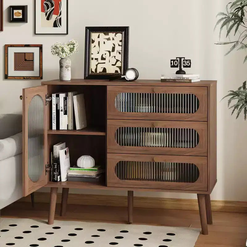 Mobiletto Vintage con Anta in Vetro, Gambe in Legno Massello, Piccola Credenza per Soggiorno, Ingresso o Corridoio-Panipeachy