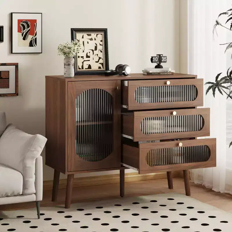 Mobiletto Vintage con Anta in Vetro, Gambe in Legno Massello, Piccola Credenza per Soggiorno, Ingresso o Corridoio-Panipeachy