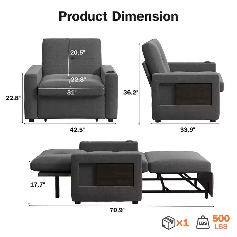 Dyonery 42,5 Poltrona Letto con Divano Estraibile, Sedia Divano Reclinabile Convertibile 3-in-1 con Schienale Regolabile/Porte USB e Tavolino Laterale