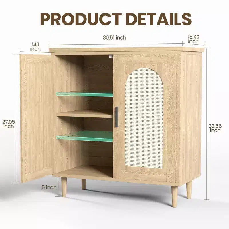 Credenza Buffet in Rattan con Contenitore, Credenza con 2 Ante e Ripiani Regolabili, Armadio in Legno Boho