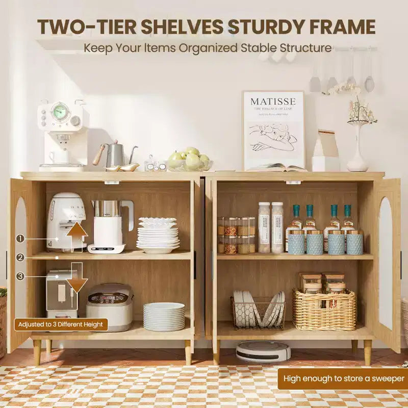 Credenza Buffet in Rattan con Contenitore, Credenza con 2 Ante e Ripiani Regolabili, Armadio in Legno Boho