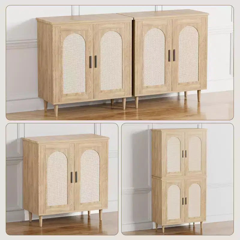 Credenza Buffet in Rattan con Contenitore, Credenza con 2 Ante e Ripiani Regolabili, Armadio in Legno Boho