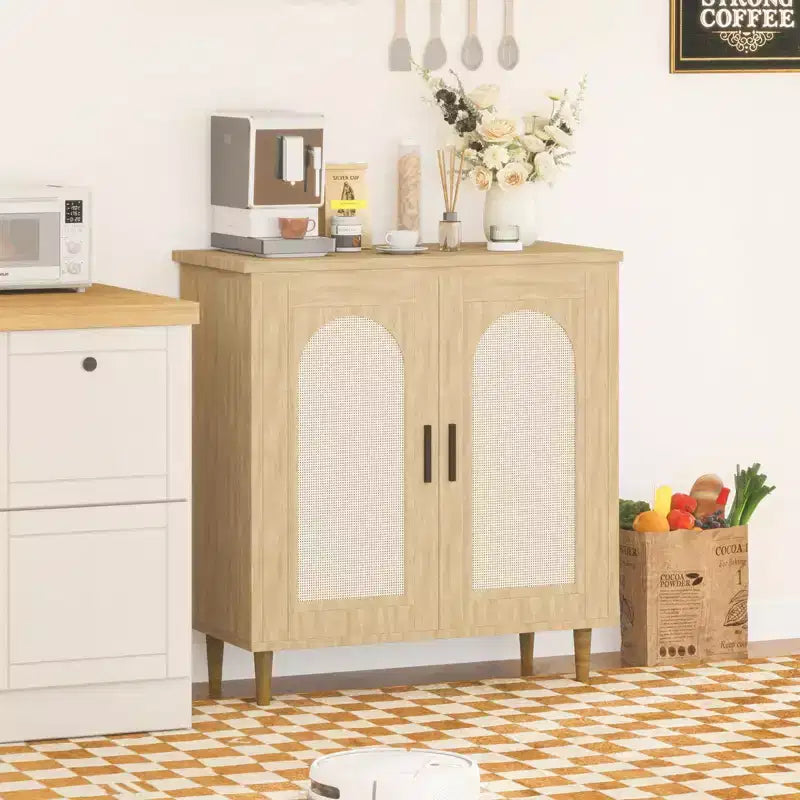 Credenza Buffet in Rattan con Contenitore, Credenza con 2 Ante e Ripiani Regolabili, Armadio in Legno Boho